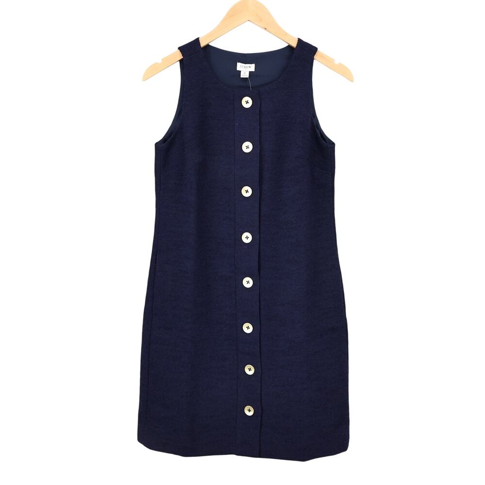NWT J.Crew Factory Sleeveless Tweed Gold Button Shift Dress Navy Blue Size 0